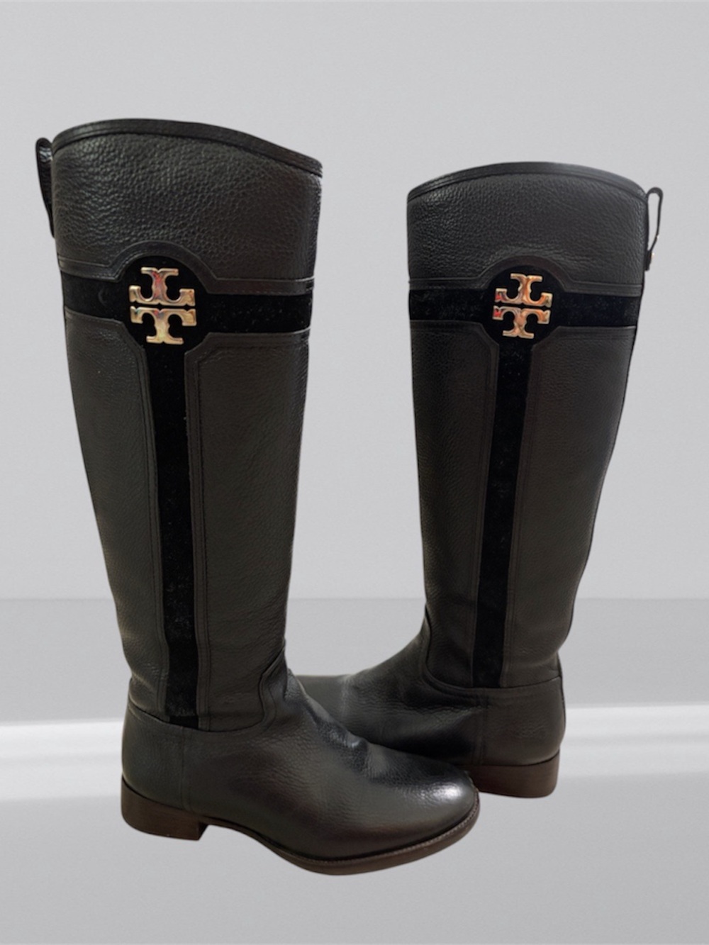 Tory Burch Black Leather Over-the-Knee Logo Boots
